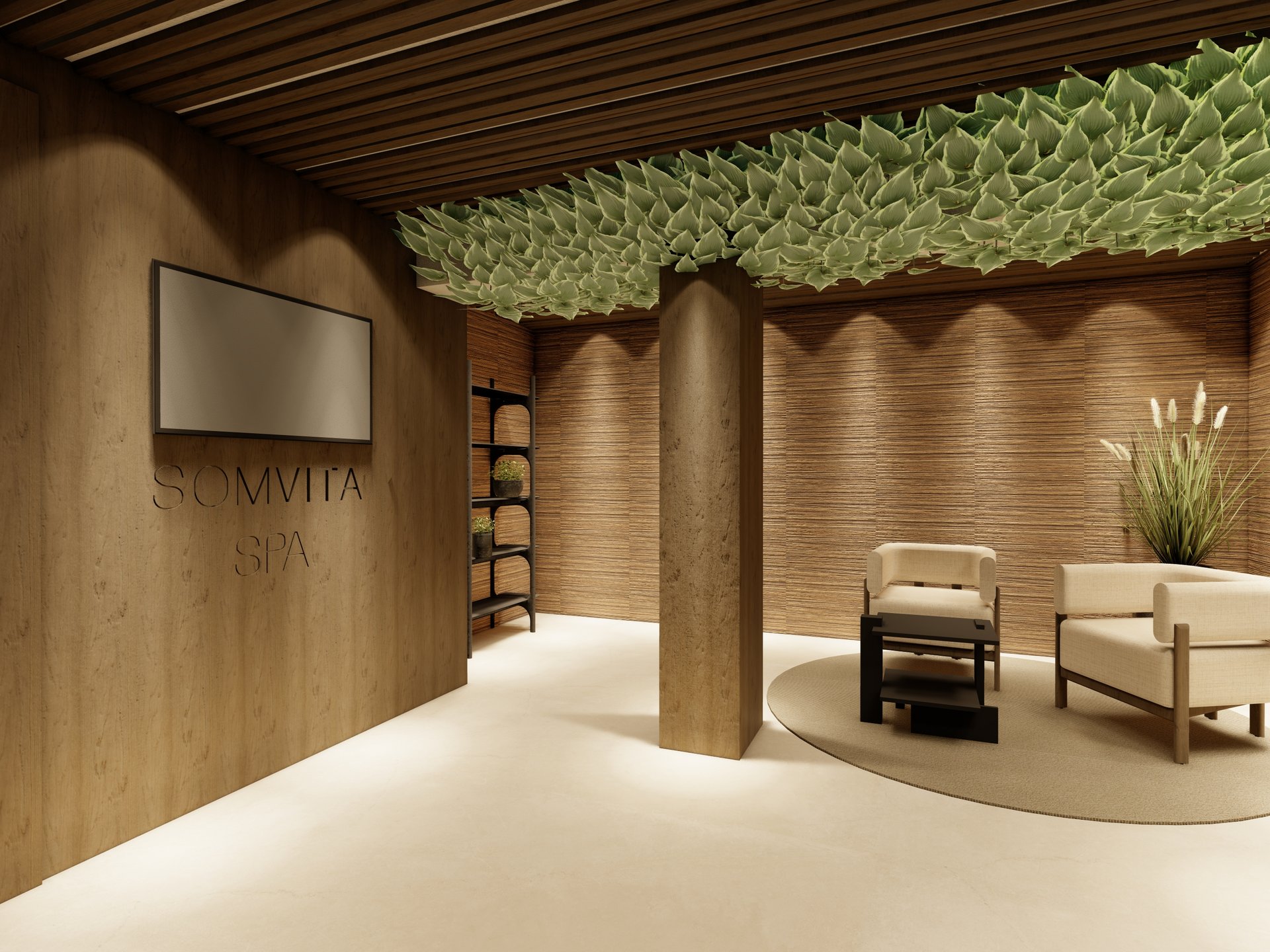 Accommodation in Dorf Tirol? SomVita Suites! Cozy spa waiting area with hanging plants on the ceiling