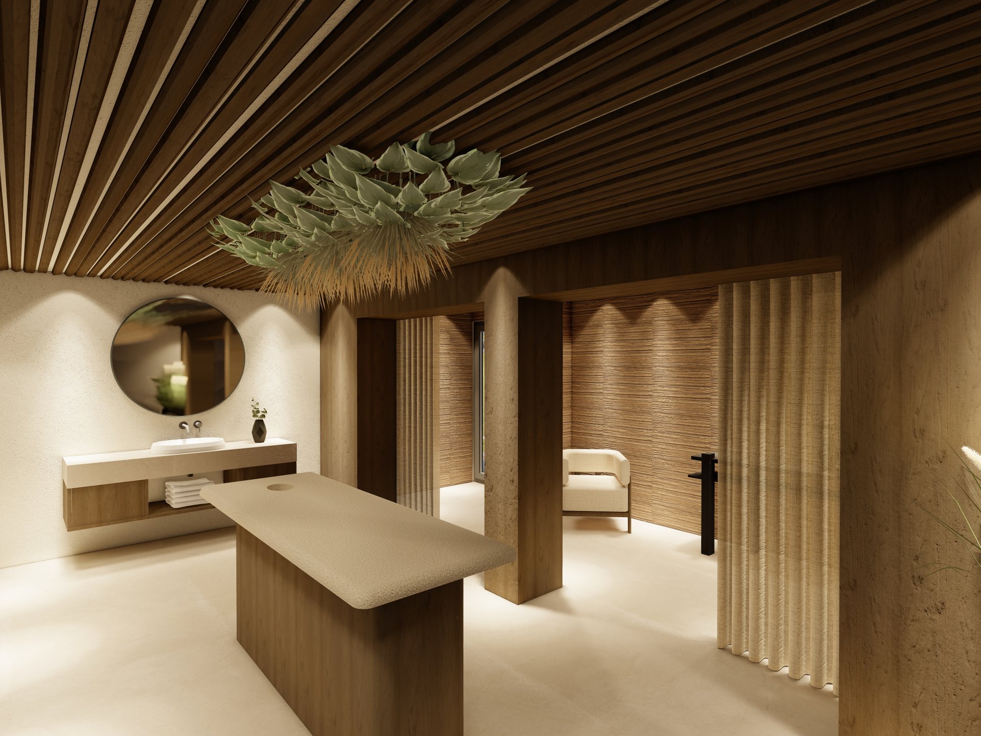 Accommodation in Dorf Tirol? SomVita Suites! Modern spa room with massage table and natural wood furnishings